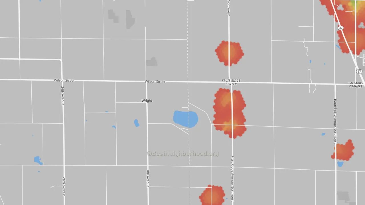 Walk Grade map of Wright, MI, walkable areas in green and car-dependent areas in red