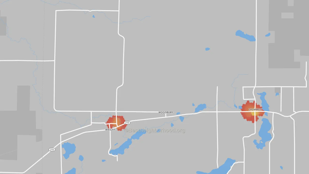 Walk Grade map of Wright, MN, walkable areas in green and car-dependent areas in red