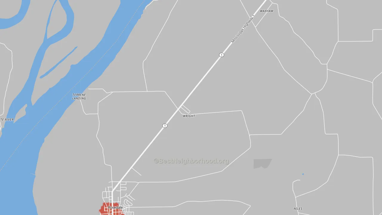 Walk Grade map of Wright, MS, walkable areas in green and car-dependent areas in red