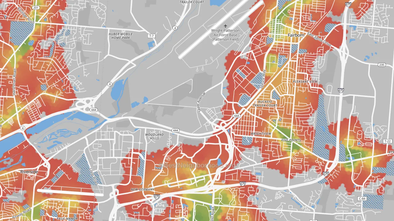 Walk Grade map of Wright-Patterson AFB, OH, walkable areas in green and car-dependent areas in red