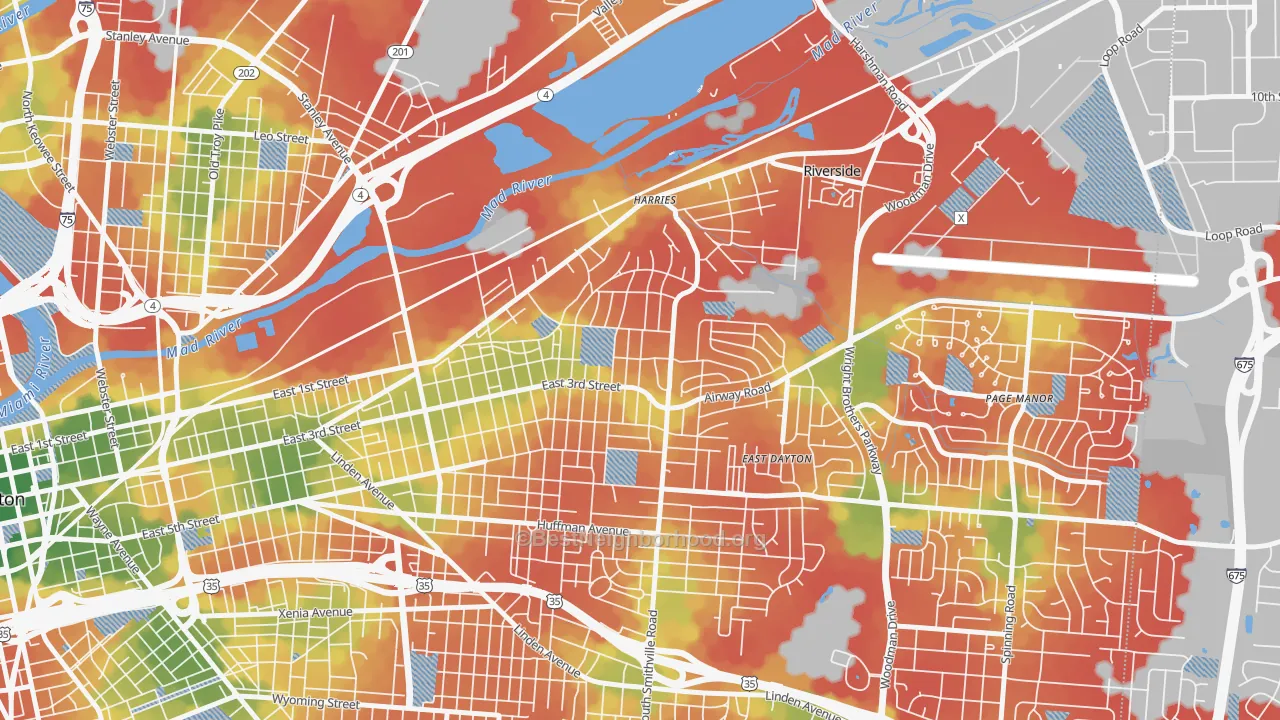 Walk Grade map of Wright View, Dayton, OH, walkable areas in green and car-dependent areas in red