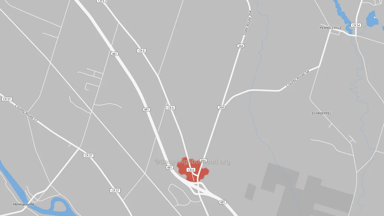 Walk Grade map of Wrights Corners, NY, walkable areas in green and car-dependent areas in red