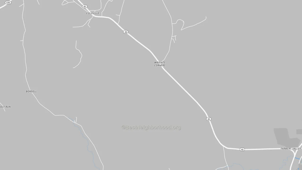 Walk Grade map of Wrights Corners, PA, walkable areas in green and car-dependent areas in red