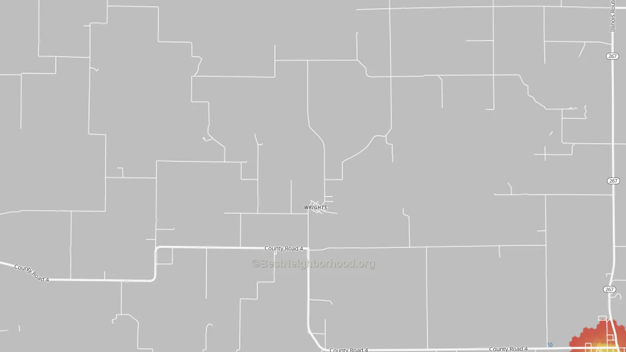 Walk Grade map of Wrights, IL, walkable areas in green and car-dependent areas in red
