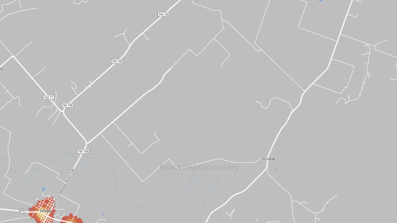 Walk Grade map of Wrightsboro, TX, walkable areas in green and car-dependent areas in red