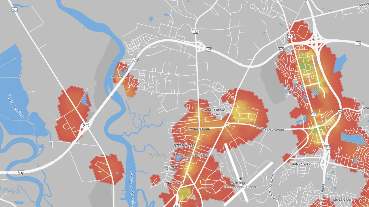 Walk Grade map of Wrightsboro, Wilmington, NC, walkable areas in green and car-dependent areas in red