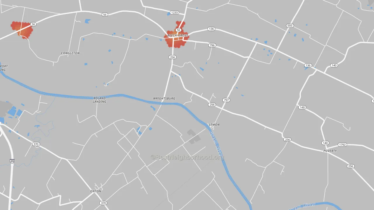 Walk Grade map of Wrightsburg, KY, walkable areas in green and car-dependent areas in red