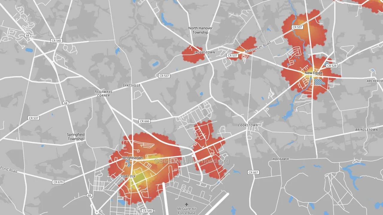 Walk Grade map of Wrightstown, NJ, walkable areas in green and car-dependent areas in red