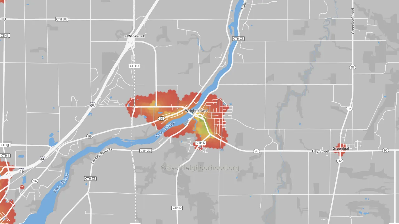 Walk Grade map of Wrightstown, WI, walkable areas in green and car-dependent areas in red