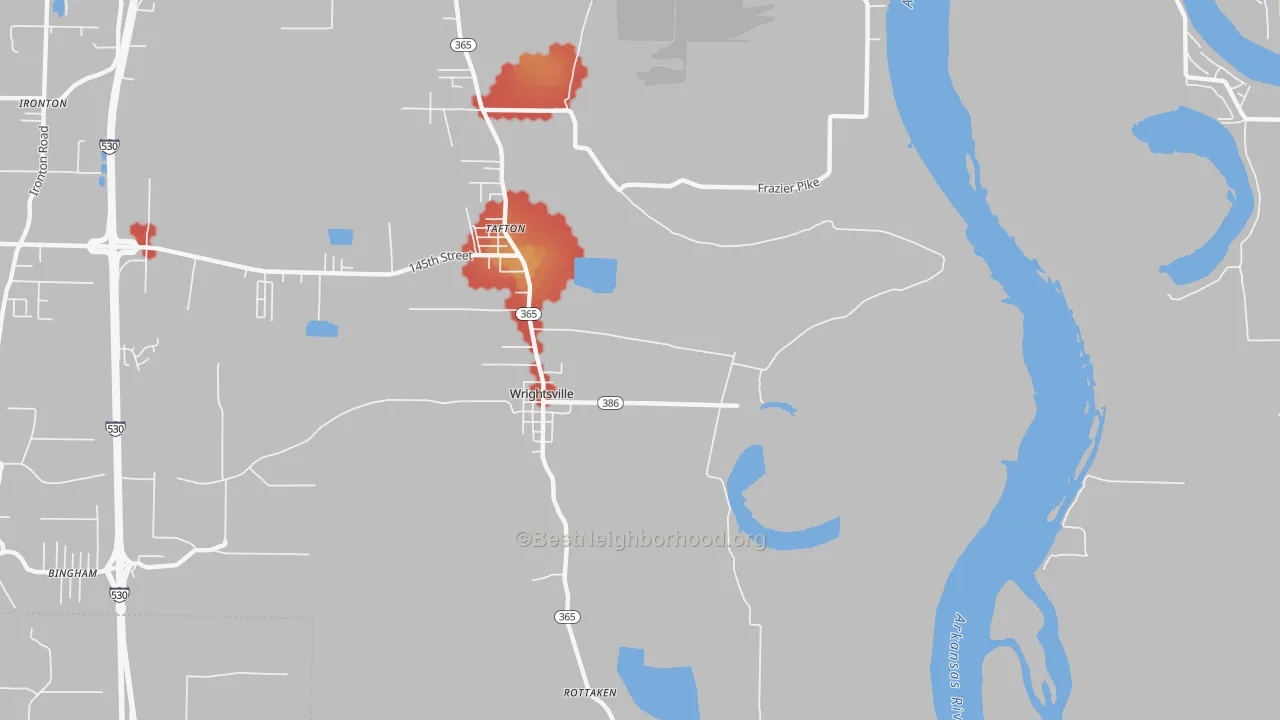 Walk Grade map of Wrightsville, AR, walkable areas in green and car-dependent areas in red