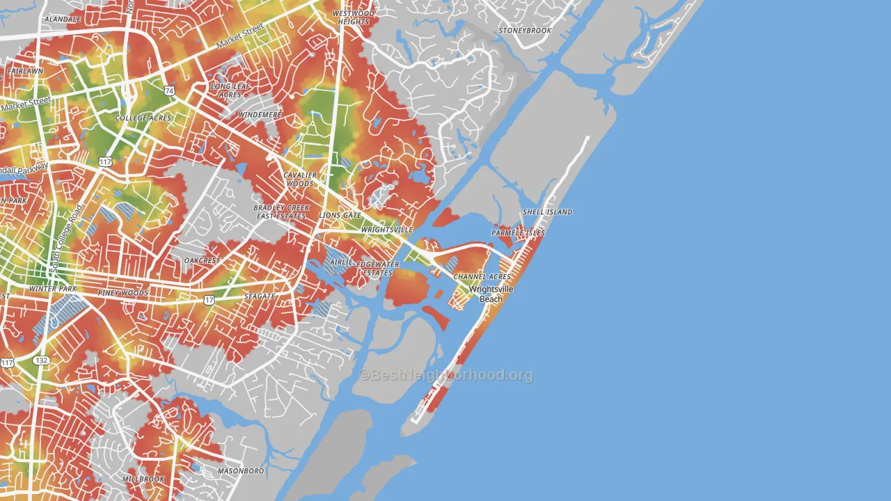 Walk Grade map of Wrightsville Beach, NC, walkable areas in green and car-dependent areas in red