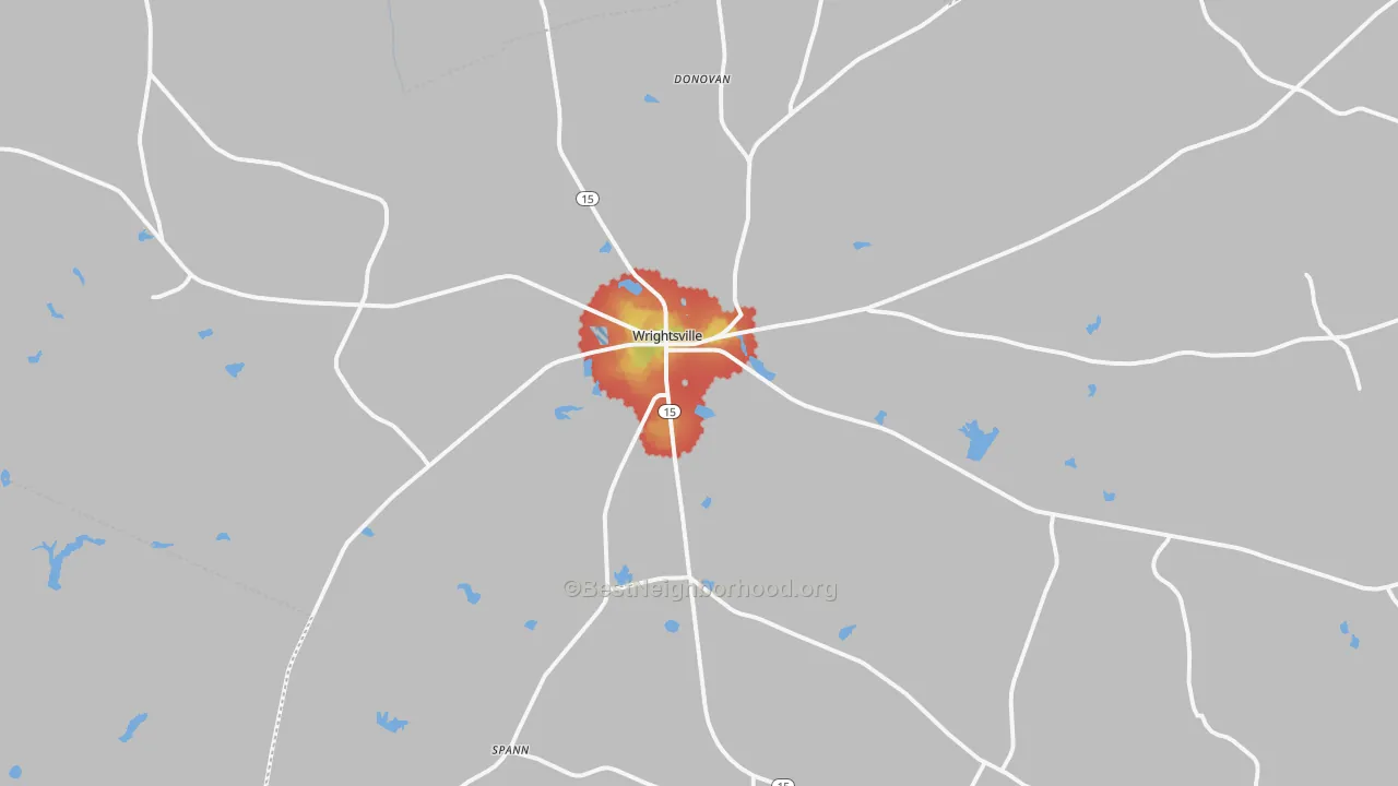 Walk Grade map of Wrightsville, GA, walkable areas in green and car-dependent areas in red