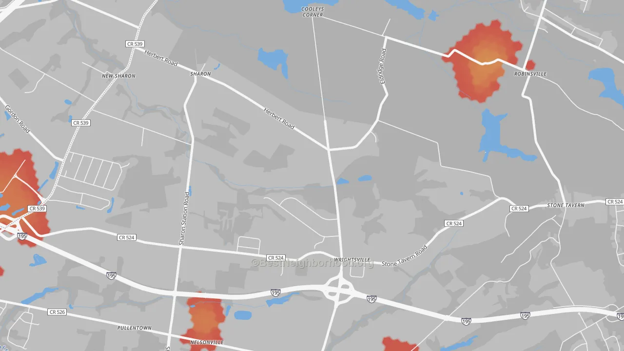 Walk Grade map of Wrightsville, NJ, walkable areas in green and car-dependent areas in red