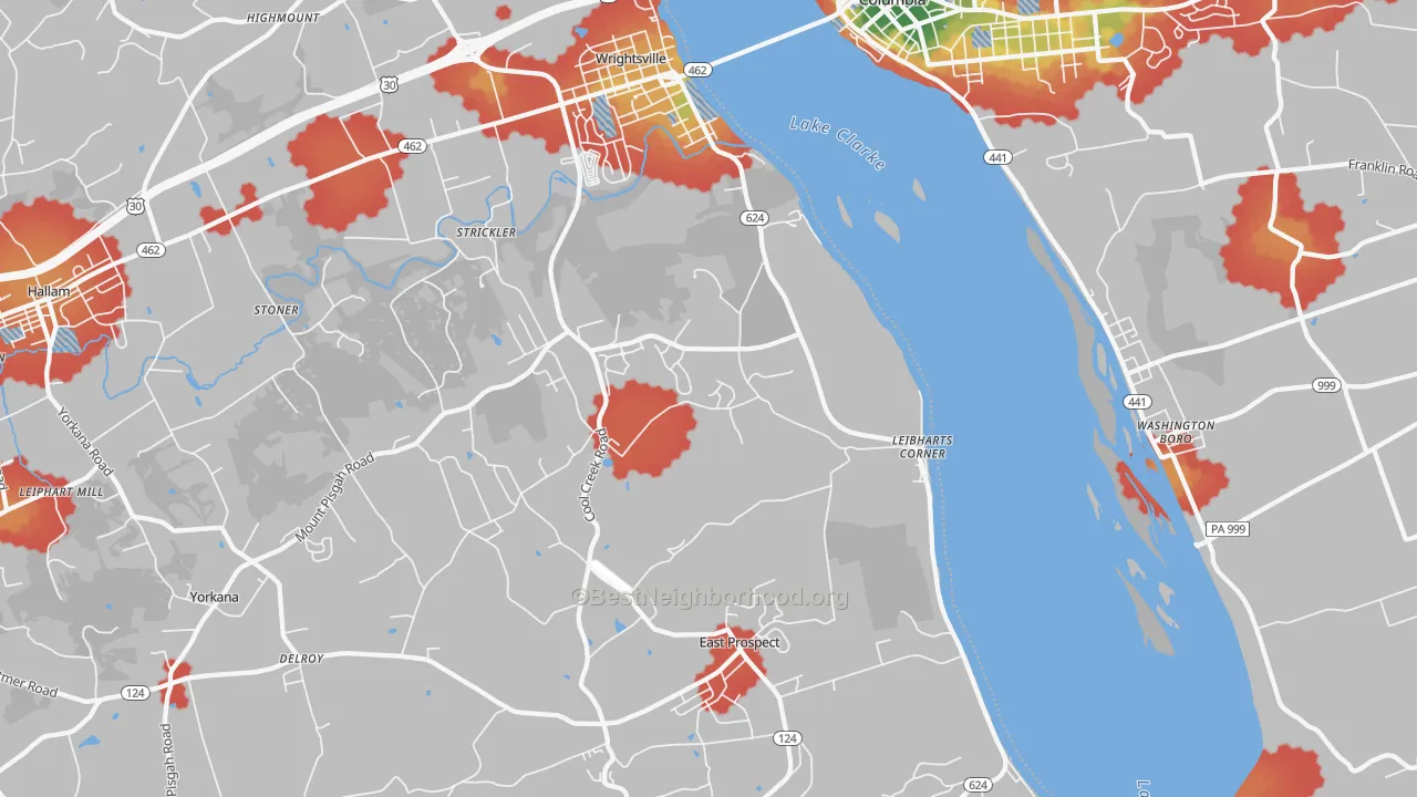 Walk Grade map of Wrightsville, PA, walkable areas in green and car-dependent areas in red