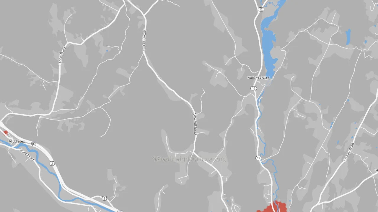 Walk Grade map of Wrightsville, VT, walkable areas in green and car-dependent areas in red