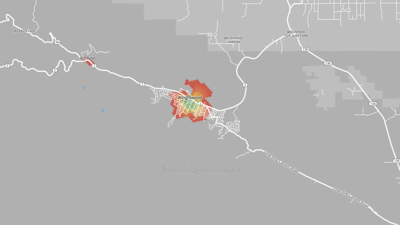 Walk Grade map of Wrightwood, CA, walkable areas in green and car-dependent areas in red
