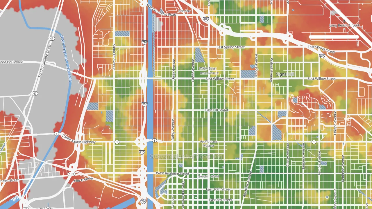 Walk Grade map of Wrigley, Long Beach, CA, walkable areas in green and car-dependent areas in red