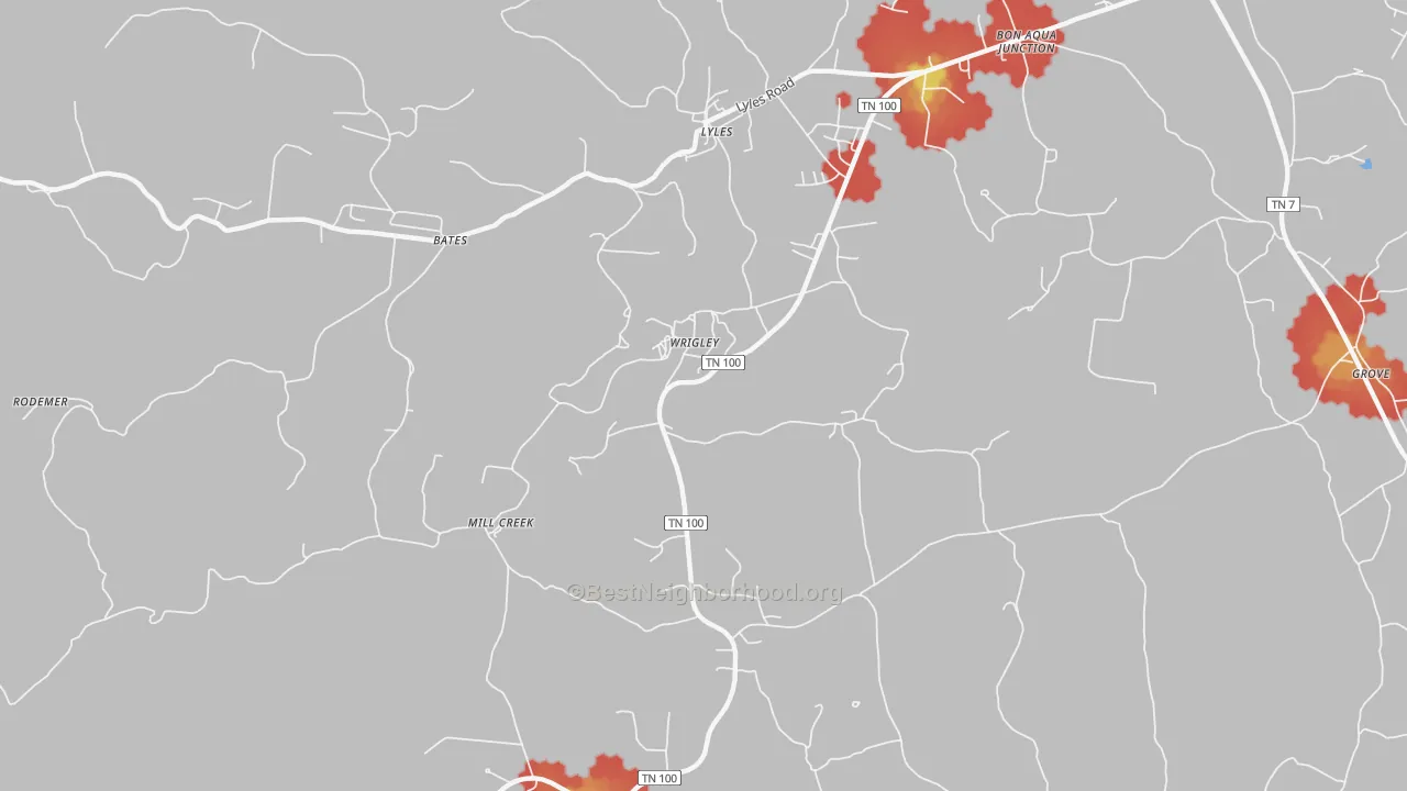 Walk Grade map of Wrigley, TN, walkable areas in green and car-dependent areas in red