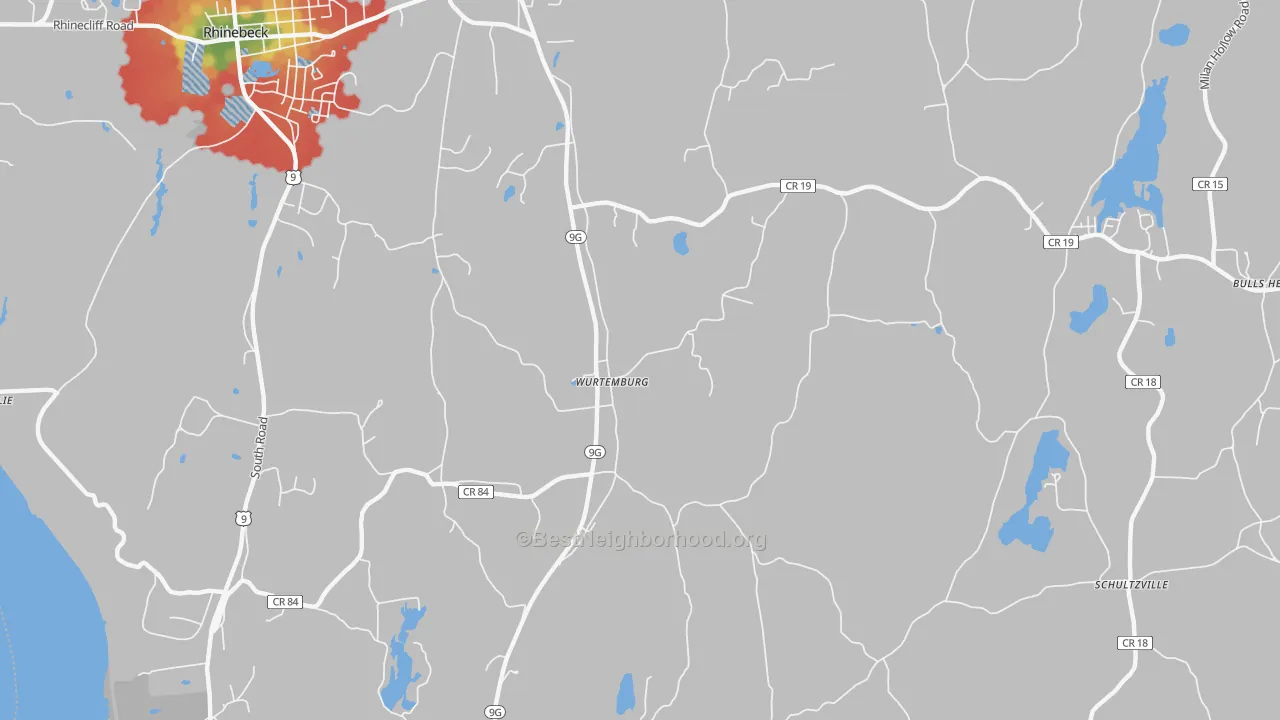 Walk Grade map of Wurtemburg, NY, walkable areas in green and car-dependent areas in red