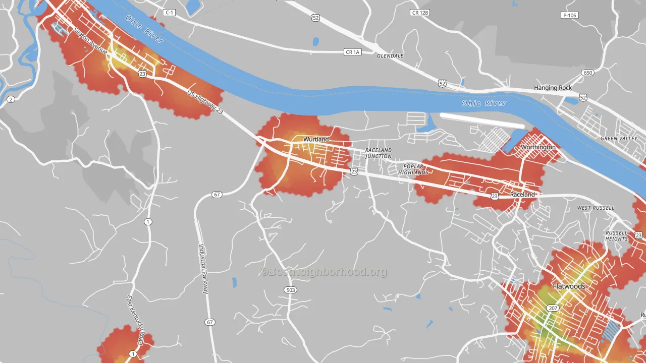 Walk Grade map of Wurtland, KY, walkable areas in green and car-dependent areas in red