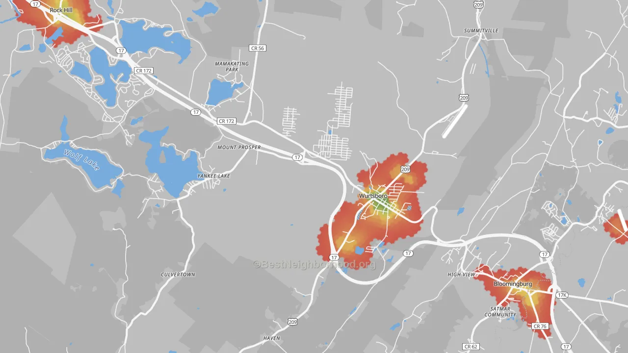 Walk Grade map of Wurtsboro, NY, walkable areas in green and car-dependent areas in red