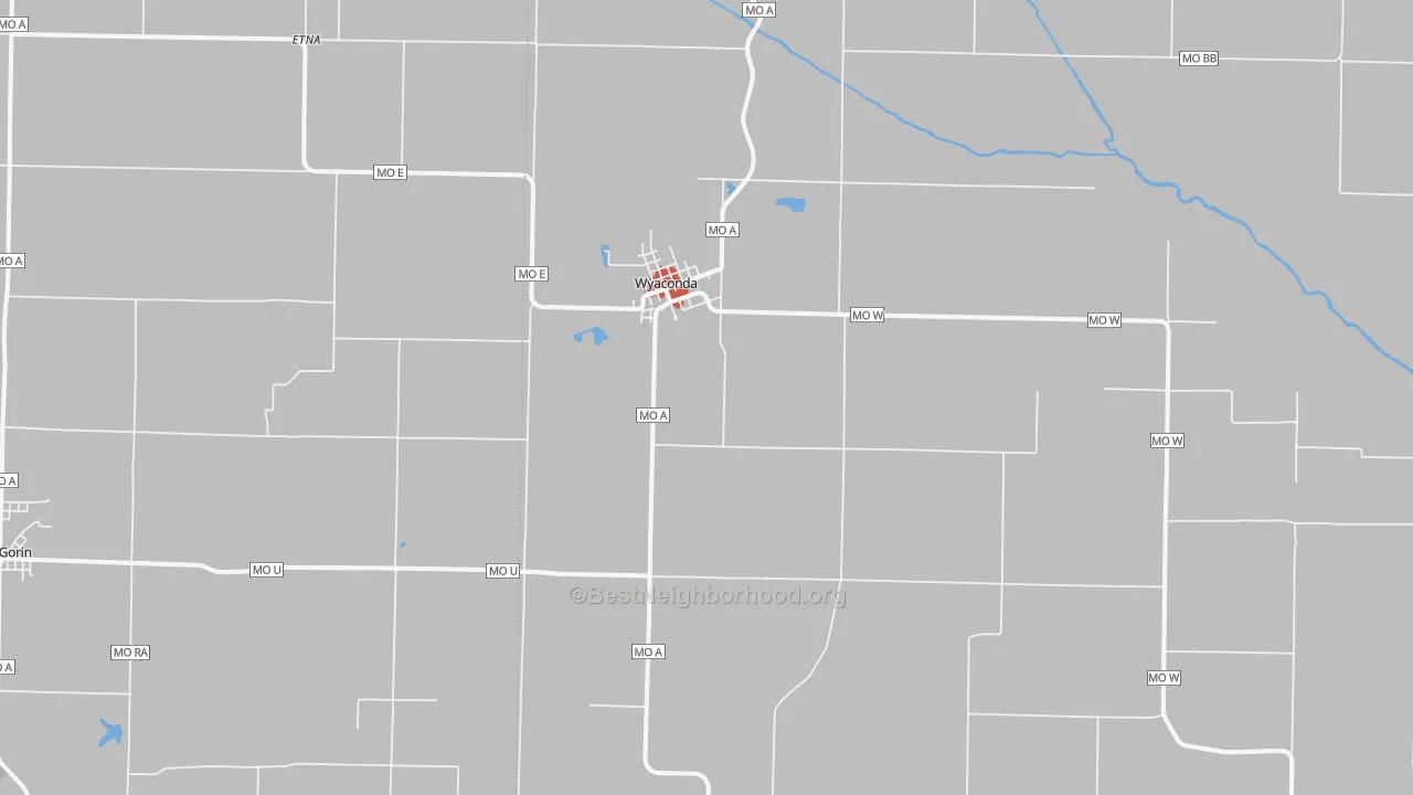 Walk Grade map of Wyaconda, MO, walkable areas in green and car-dependent areas in red