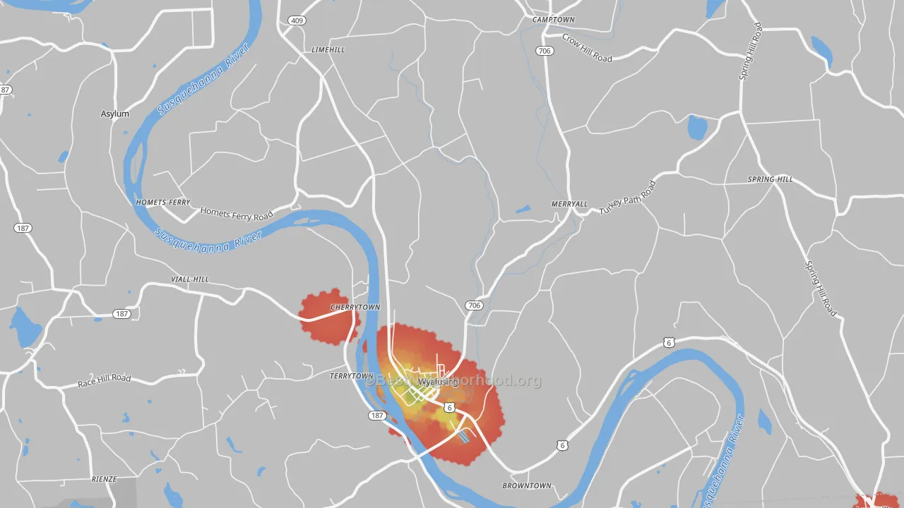 Walk Grade map of Wyalusing, PA, walkable areas in green and car-dependent areas in red