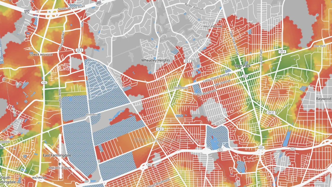 Walk Grade map of Wyandanch, NY, walkable areas in green and car-dependent areas in red
