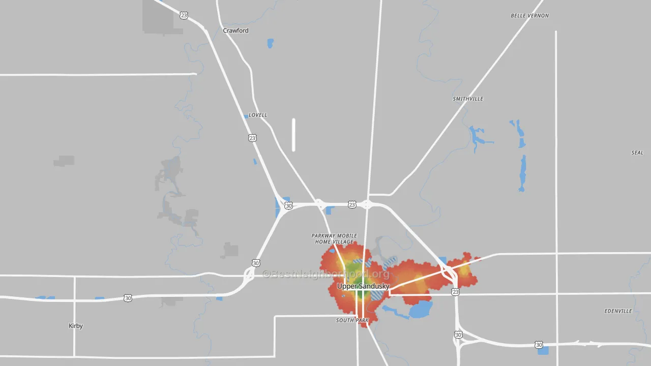 Walk Grade map of Wyandot County, OH, walkable areas in green and car-dependent areas in red