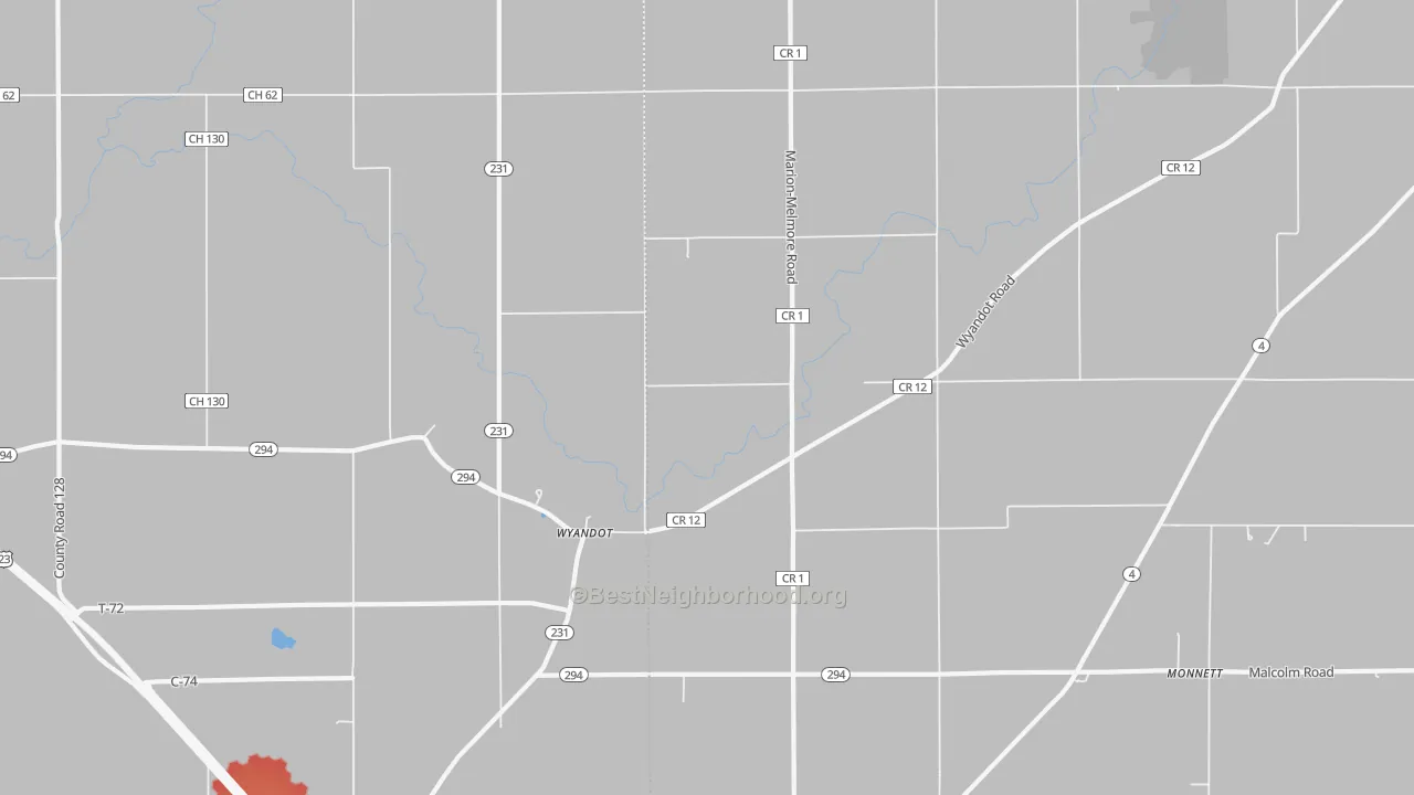 Walk Grade map of Wyandot, OH, walkable areas in green and car-dependent areas in red