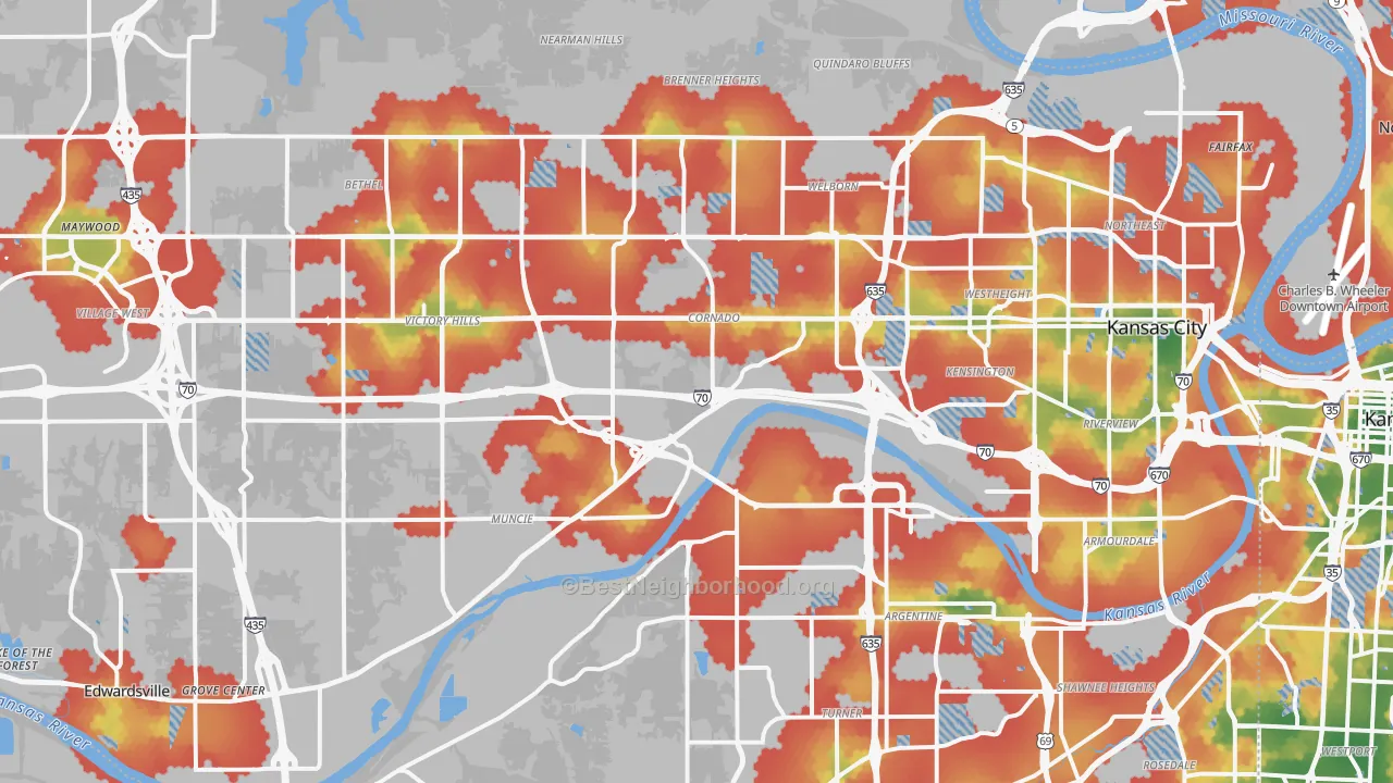 Walk Grade map of Wyandotte County, KS, walkable areas in green and car-dependent areas in red
