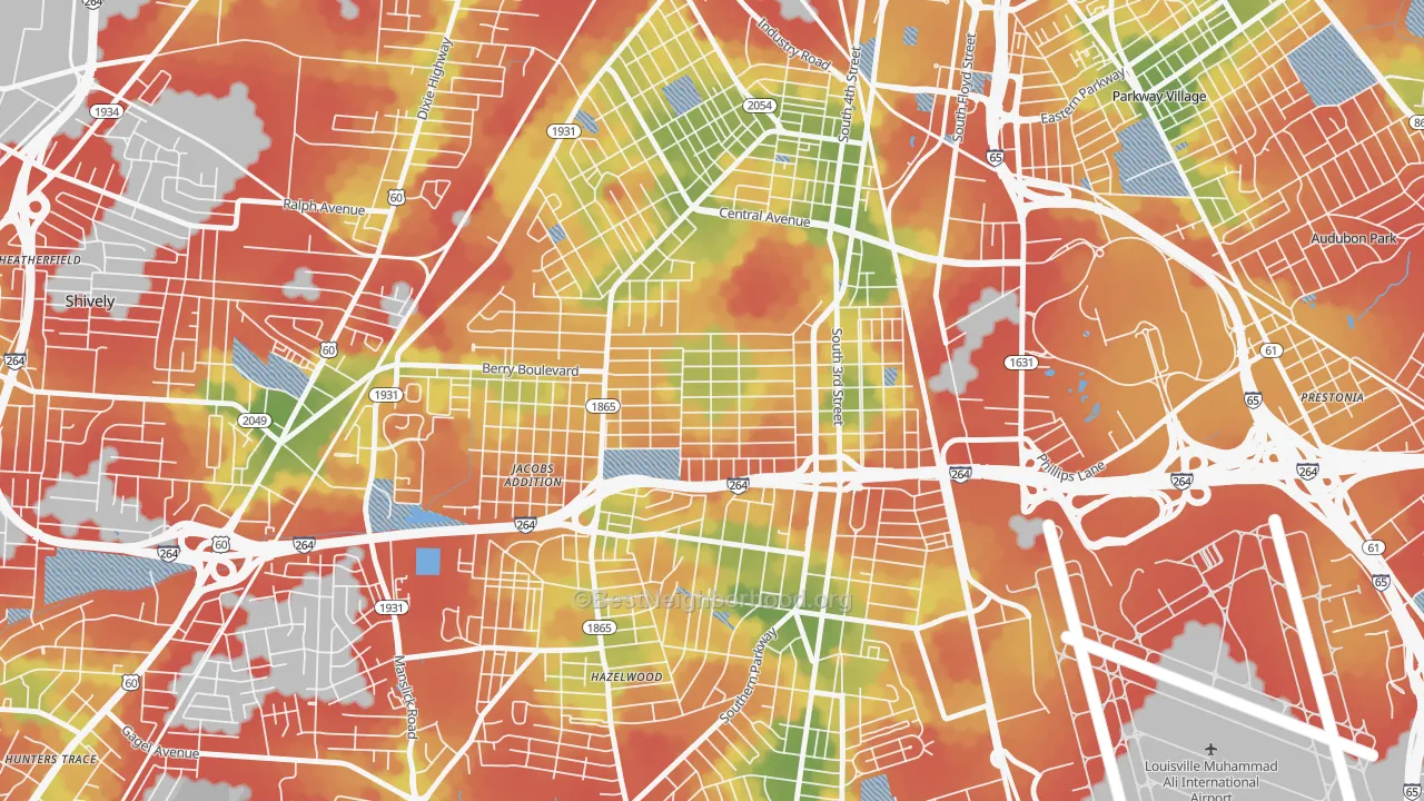 Walk Grade map of Wyandotte, Louisville, KY, walkable areas in green and car-dependent areas in red