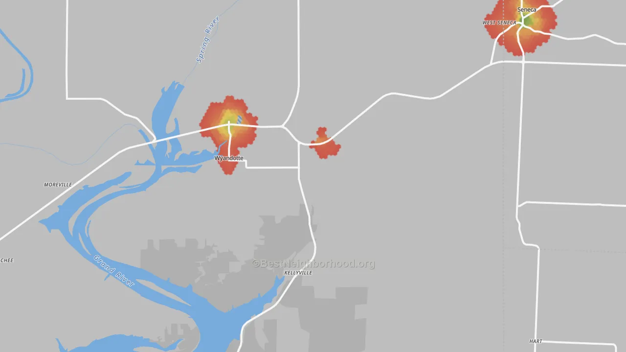 Walk Grade map of Wyandotte, OK, walkable areas in green and car-dependent areas in red