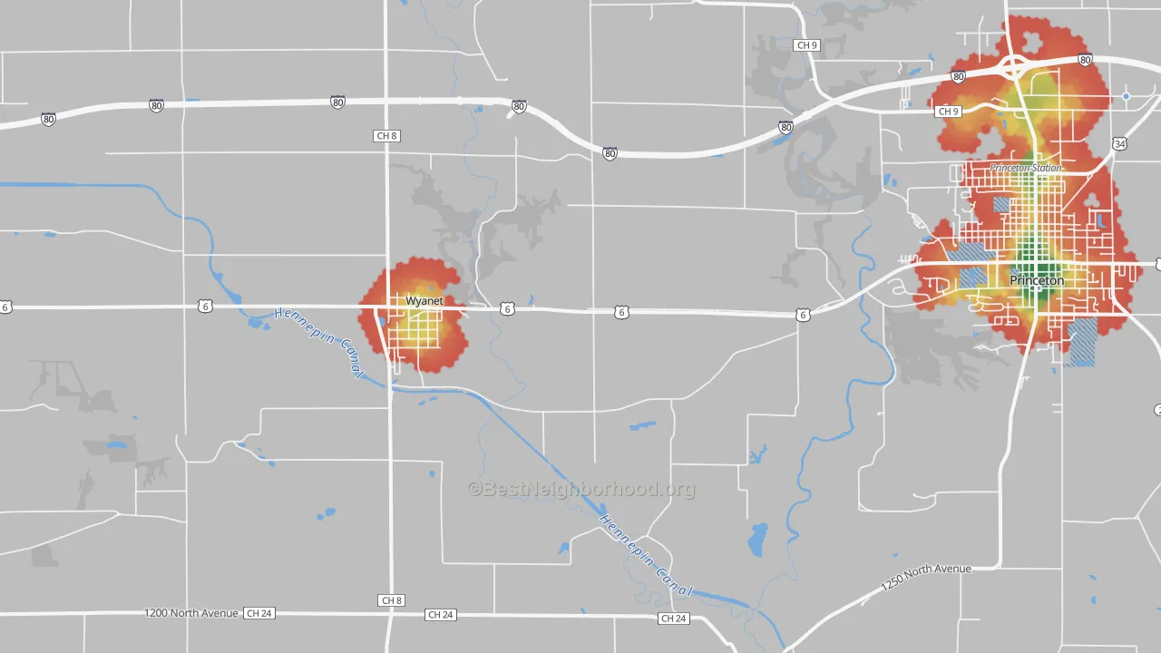Walk Grade map of Wyanet, IL, walkable areas in green and car-dependent areas in red