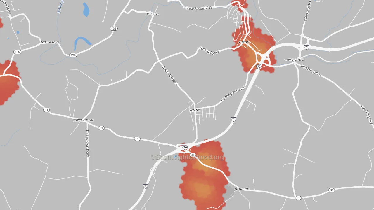 Walk Grade map of Wyano, PA, walkable areas in green and car-dependent areas in red