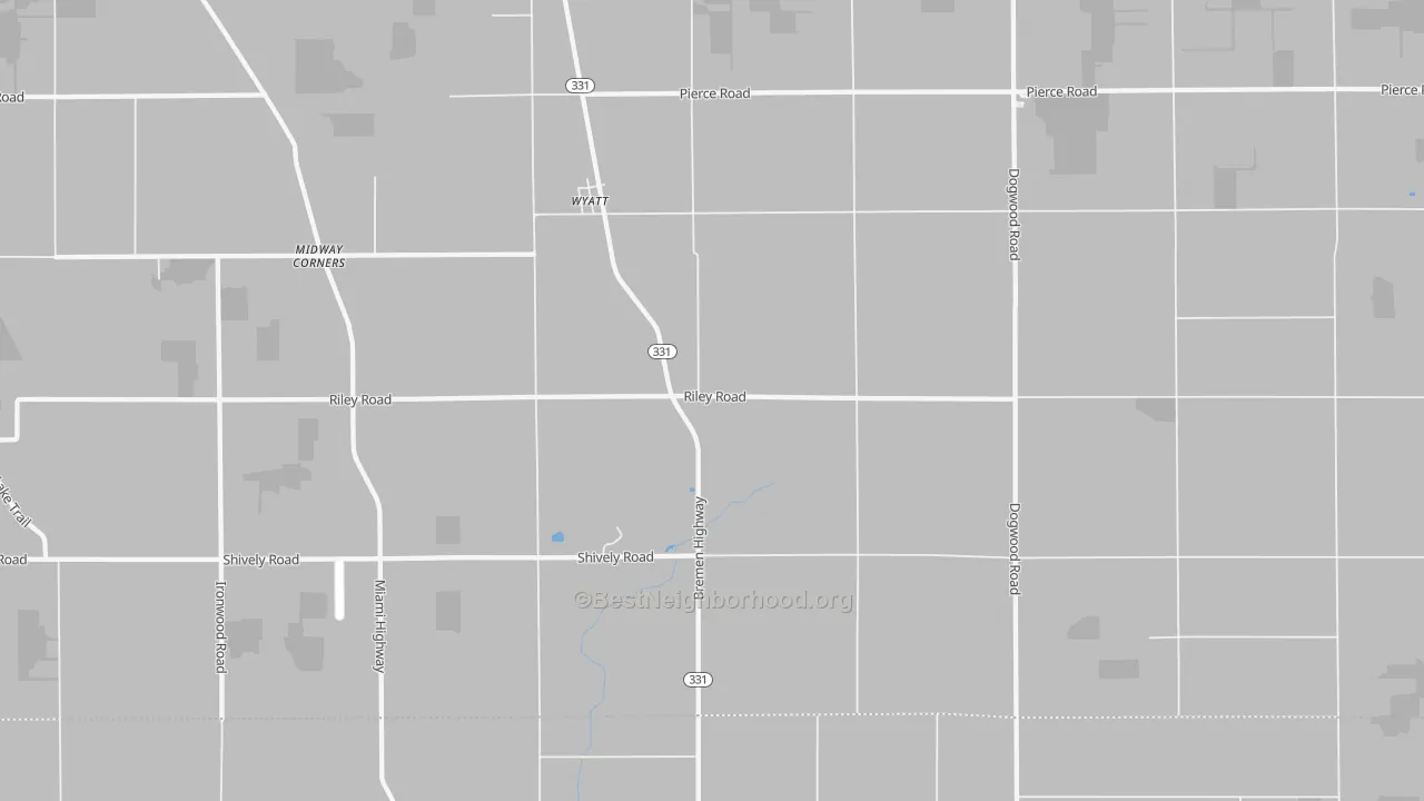 Walk Grade map of Wyatt, IN, walkable areas in green and car-dependent areas in red