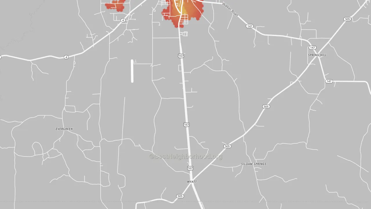 Walk Grade map of Wyatt, LA, walkable areas in green and car-dependent areas in red