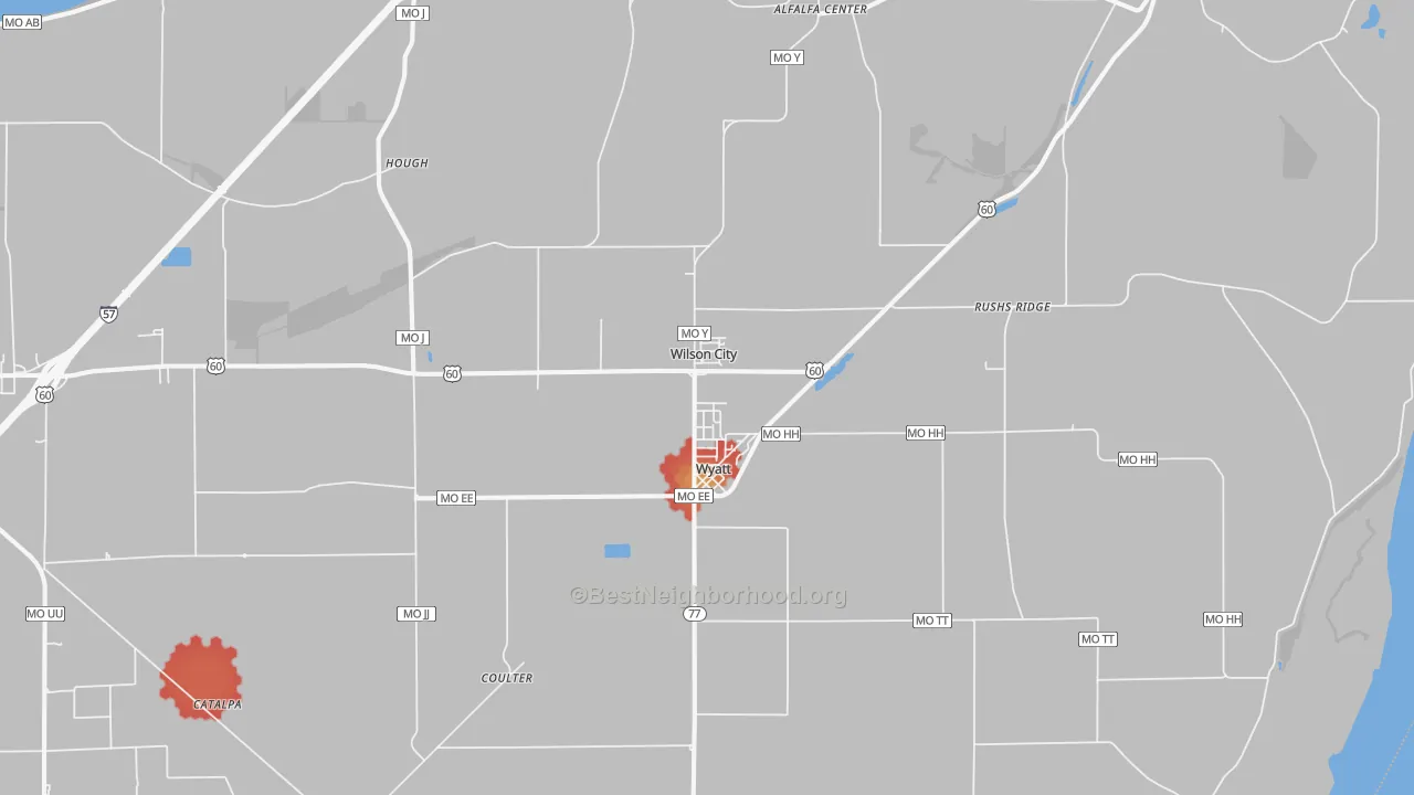 Walk Grade map of Wyatt, MO, walkable areas in green and car-dependent areas in red