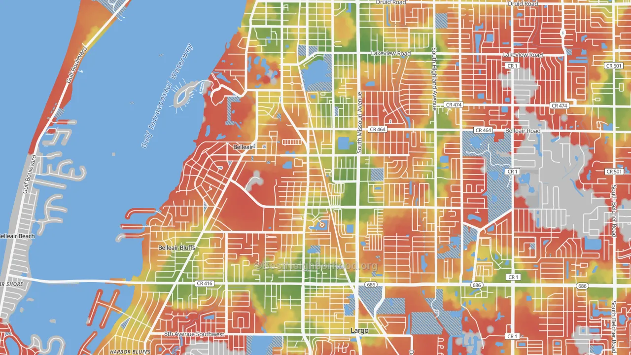 Walk Grade map of Wyatt Street, Largo, FL, walkable areas in green and car-dependent areas in red