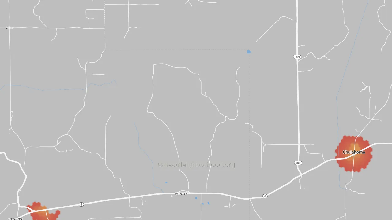 Walk Grade map of Wyatte, MS, walkable areas in green and car-dependent areas in red