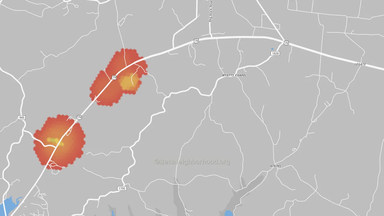 Walk Grade map of Wyatts Chapel, TN, walkable areas in green and car-dependent areas in red