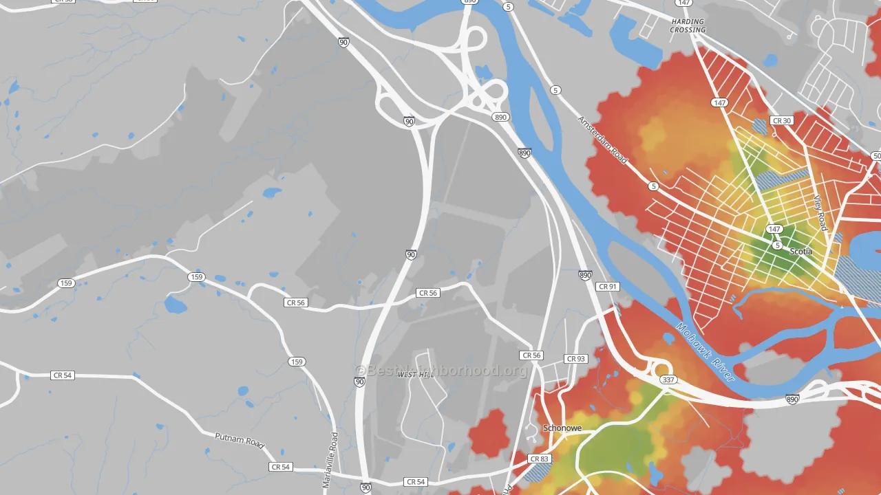 Walk Grade map of Wyatts, NY, walkable areas in green and car-dependent areas in red