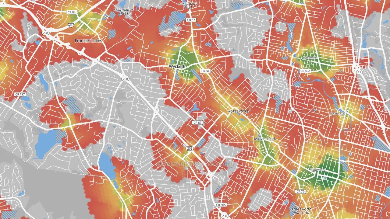Walk Grade map of Wyckoff, NJ, walkable areas in green and car-dependent areas in red