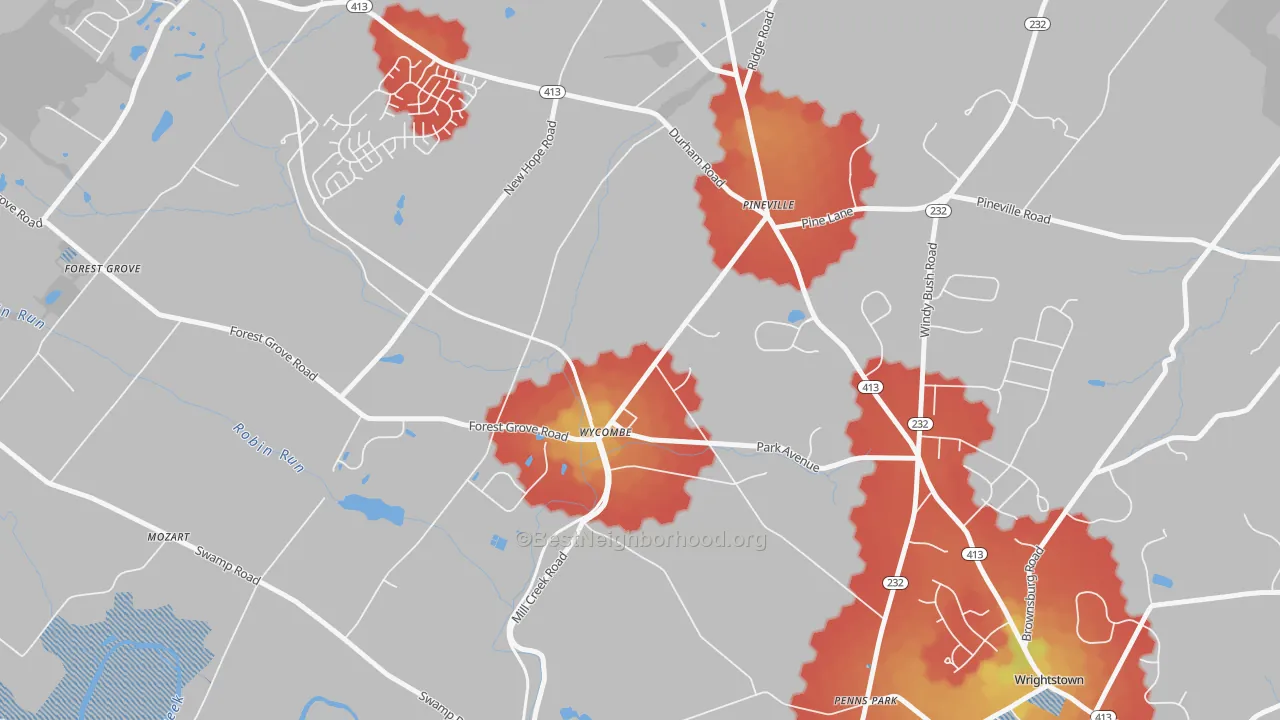 Walk Grade map of Wycombe, PA, walkable areas in green and car-dependent areas in red