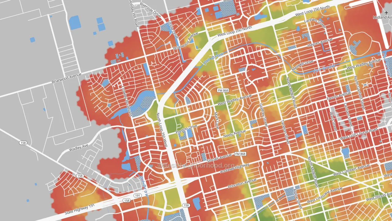 Walk Grade map of Wydewood Estates, Midland, TX, walkable areas in green and car-dependent areas in red