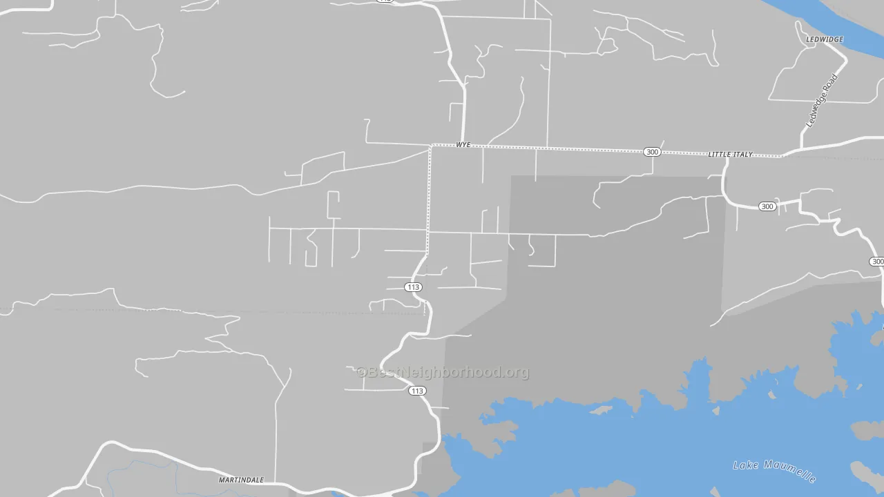 Walk Grade map of Wye, AR, walkable areas in green and car-dependent areas in red