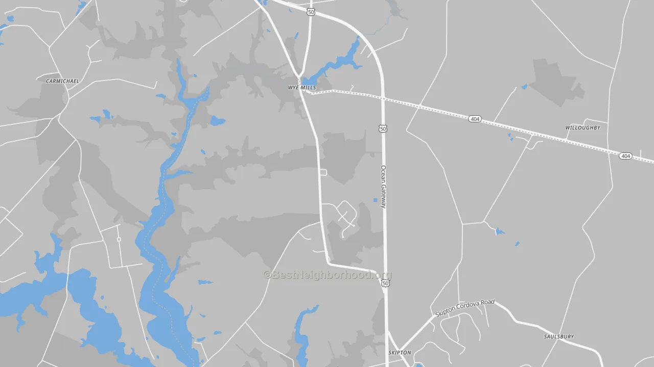 Walk Grade map of Wye Mills, MD, walkable areas in green and car-dependent areas in red