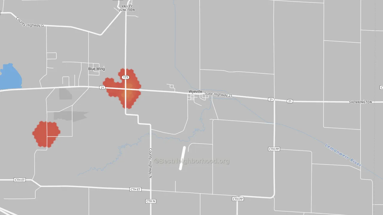Walk Grade map of Wyeville, WI, walkable areas in green and car-dependent areas in red