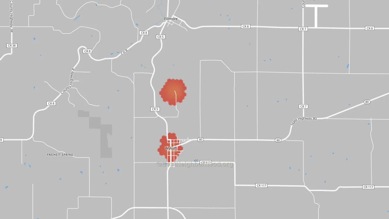 Walk Grade map of Wykoff, MN, walkable areas in green and car-dependent areas in red