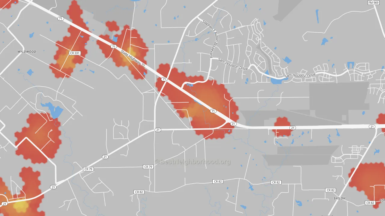 Walk Grade map of Wyldwood, TX, walkable areas in green and car-dependent areas in red